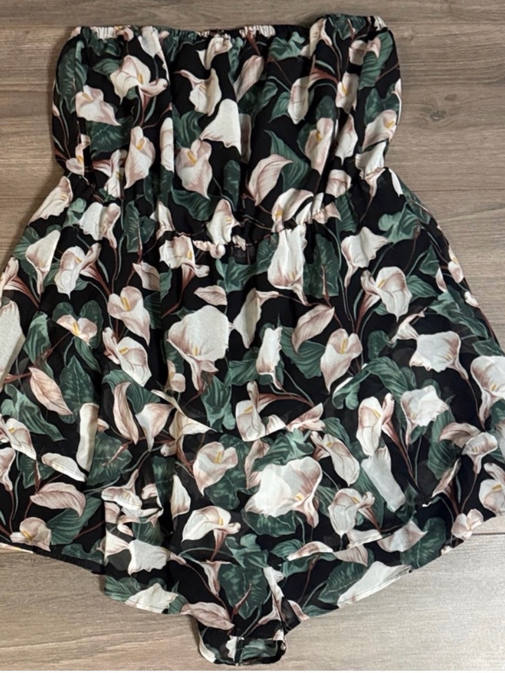 NWT Express Floral Strapless Black Romper with Green & White Botanical Print